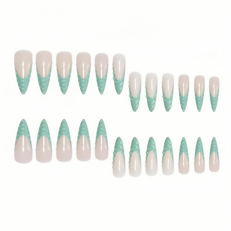 SEENEEY Stiletto Press on Nails Long Fake Nails Green Extra Long Glossy Acrylic Nail Press on French Tip Artificial with 3D Water Droplets Designs Stick on Nail for Women 24pcs - Image 3